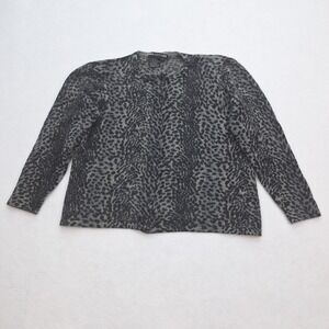 Nina Leonard Cardigan Womens 1X Gray Black Leopard Print‎ Lambswool Angora Blend